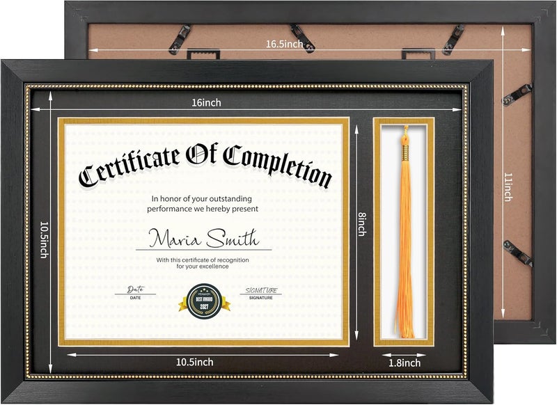 GiftMust 11x16.5 Diploma Frame with Tassel Holder for 8.5x11 Certificate Document, Black Diploma Frame with Real Glass, Black Over Gold Double Mats, Display 8.5x11 diploma and One Tassel - Image 5